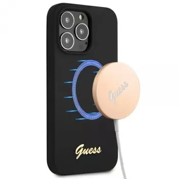 Guess GUHMP13XLSLMGBK Silicone Hard Case for Apple iPhone 13 Pro Max 6,7 inch Black with Gold Script Logo MagSafe