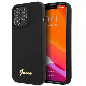 Guess GUHMP13XLSLMGBK Silicone Hard Case for Apple iPhone 13 Pro Max 6,7 inch Black with Gold Script Logo MagSafe