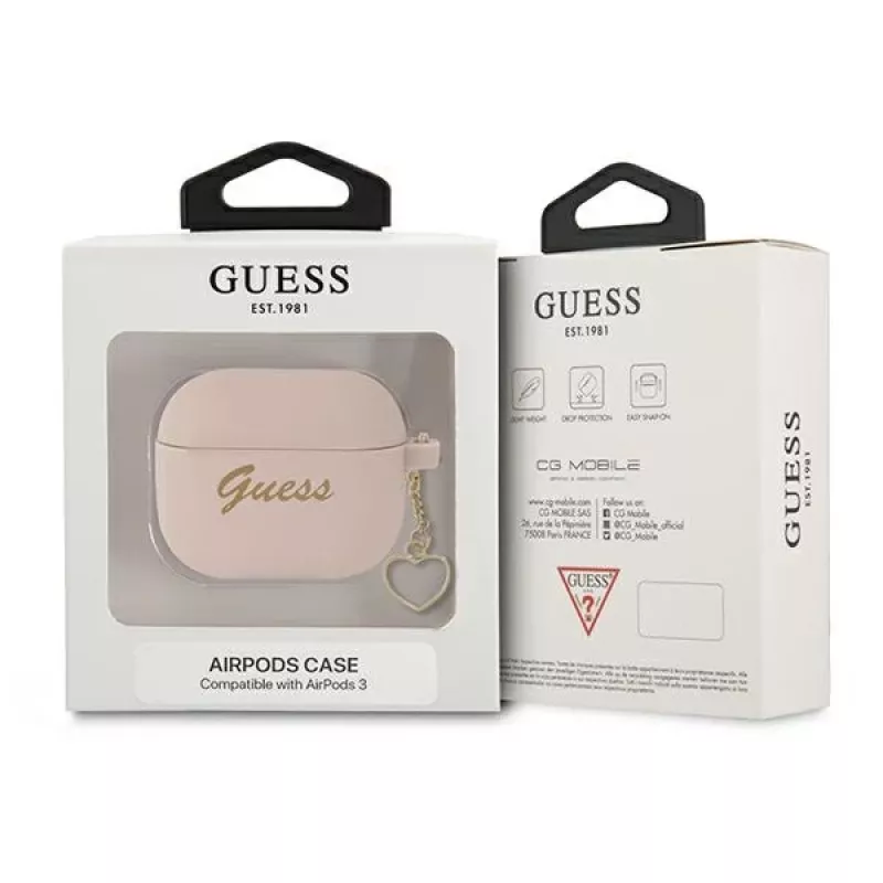 Guess GUA3LSCHSP Silikoninis dėklas su širdelės pakabuku, skirtas Apple AirPods 3rd Generation - Rožinis
