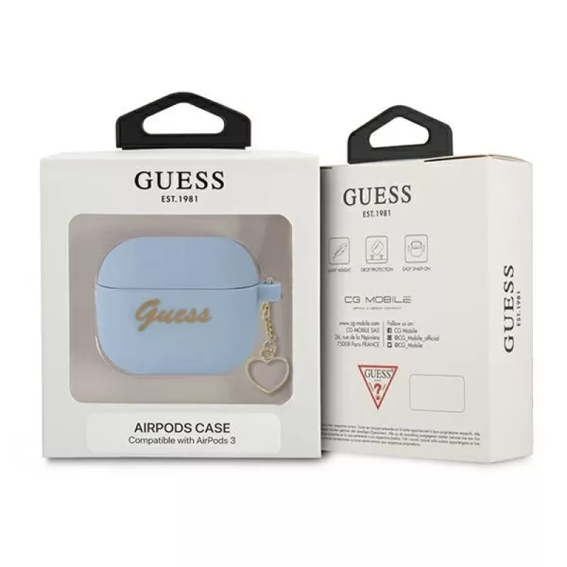 Guess GUA3LSCHSB Silikoninis dėklas su širdelės pakabuku AirPods 3, mėlynas