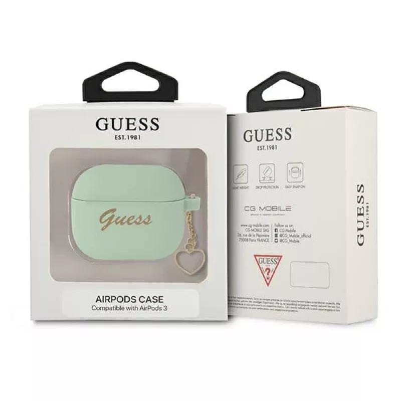 Guess GUA3LSCHSN AirPods 3 dangtelis, žalias silikonas, Charm Heart kolekcija