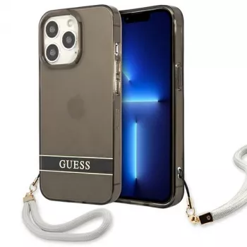 Guess GUHCP13LHTSGSK permatomas kietas dėklas su rankiniu dirželiu, skirtas Apple iPhone 13 Pro / iPhone 13, juodas