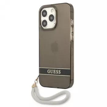 Guess GUHCP13LHTSGSK permatomas kietas dėklas su rankiniu dirželiu, skirtas Apple iPhone 13 Pro / iPhone 13, juodas
