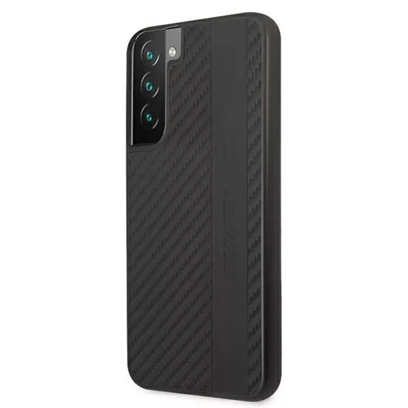 AMG AMHCS22MBLSCA Kietas dėklas Samsung Galaxy S22+ su anglies juostelėmis ir reljefiniu raštu, juodas