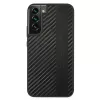 AMG AMHCS22MBLSCA Kietas dėklas Samsung Galaxy S22+ su anglies juostelėmis ir reljefiniu raštu, juodas