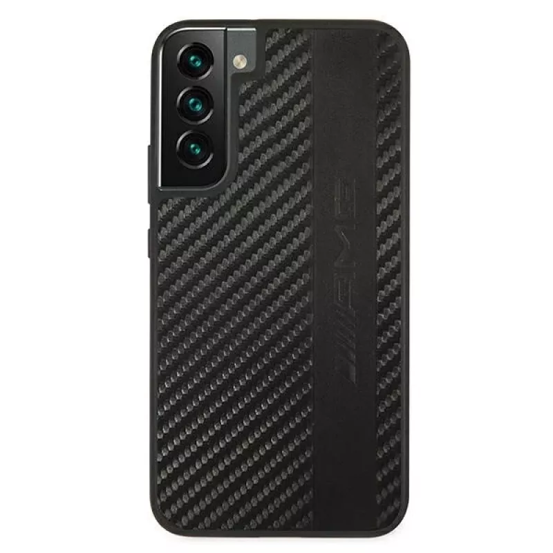 AMG AMHCS22MBLSCA Kietas dėklas Samsung Galaxy S22+ su anglies juostelėmis ir reljefiniu raštu, juodas