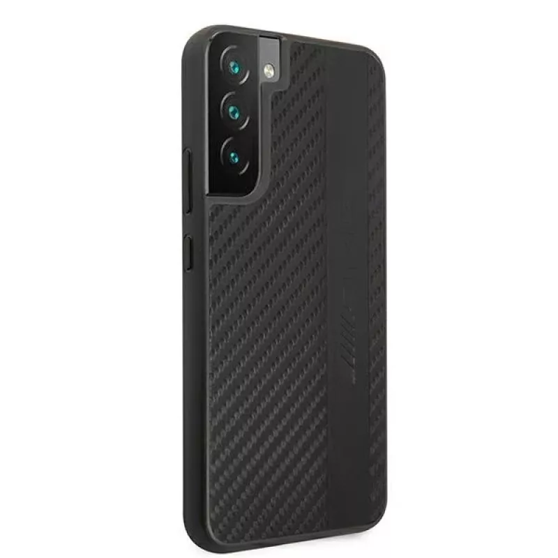 AMG AMHCS22MBLSCA Kietas dėklas Samsung Galaxy S22+ su anglies juostelėmis ir reljefiniu raštu, juodas