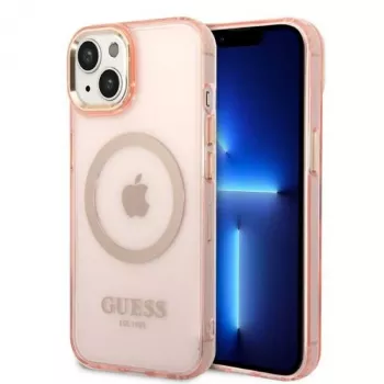 Guess Gold Outline Translucent MagSafe Hard Case iPhone 13/14/15 6,1 inch Rožinis