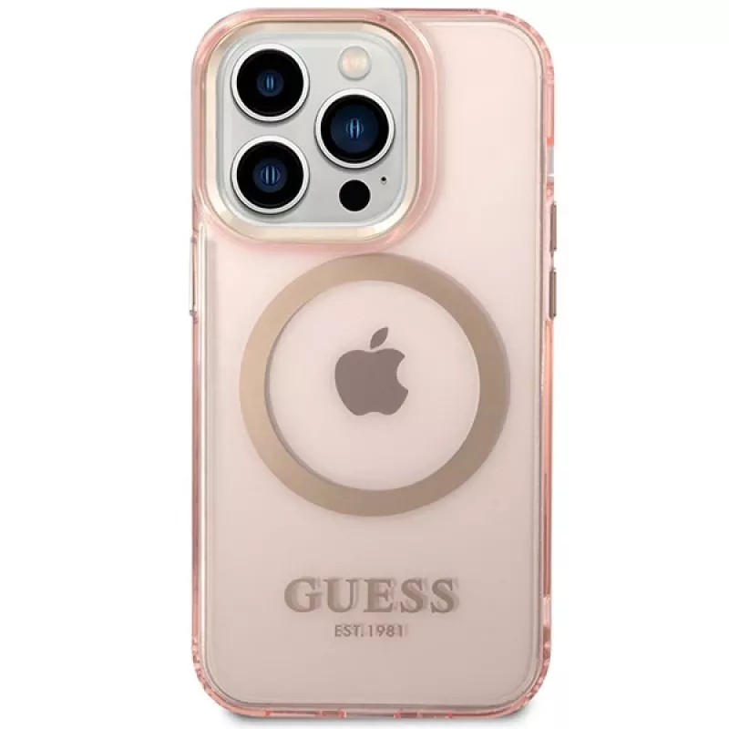 Guess Gold Outline Translucent MagSafe Case iPhone 14 Pro Max 6,7 inch Pink Hard Case