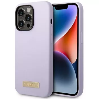 Guess GUHMP14LSBPLU Silikoninis kietas dėklas su logotipo plokštele, skirtas Apple iPhone 14 Pro 6,1 inch - Violetinė, suderinamas su MagSafe