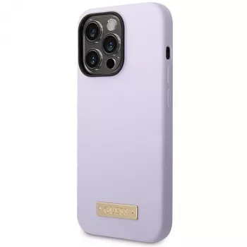 Guess GUHMP14LSBPLU Silikoninis kietas dėklas su logotipo plokštele, skirtas Apple iPhone 14 Pro 6,1 inch - Violetinė, suderinamas su MagSafe