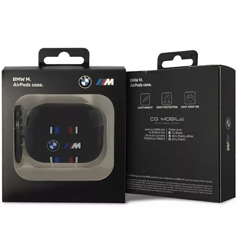 BMW AirPods Pro 2nd Generation apsauginis dangtelis, juodas su M-Stripe dizainu