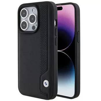 BMW BMHCP15X22RBDK Hardcase Leather Blue Dots dėklas, skirtas iPhone 15 Pro Max 6,7 colio, juodas
