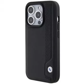 BMW BMHCP15X22RBDK Hardcase Leather Blue Dots dėklas, skirtas iPhone 15 Pro Max 6,7 colio, juodas