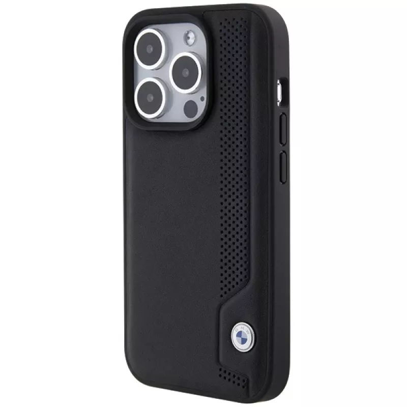 BMW BMHCP15X22RBDK Hardcase Leather Blue Dots dėklas, skirtas iPhone 15 Pro Max 6,7 colio, juodas