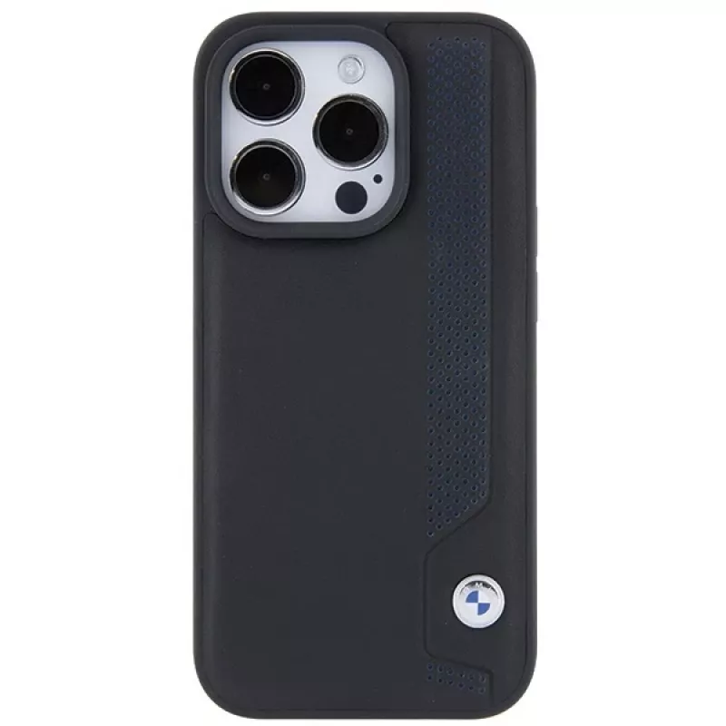 BMW BMHCP15X22RBDK Hardcase Leather Blue Dots dėklas, skirtas iPhone 15 Pro Max 6,7 colio, juodas