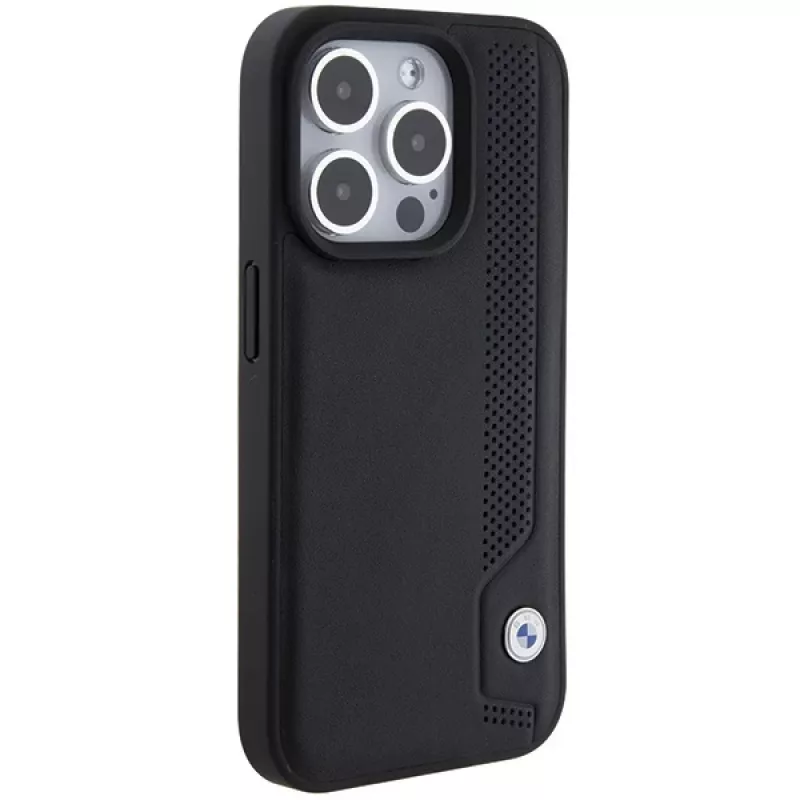 BMW BMHCP15X22RBDK Hardcase Leather Blue Dots dėklas, skirtas iPhone 15 Pro Max 6,7 colio, juodas