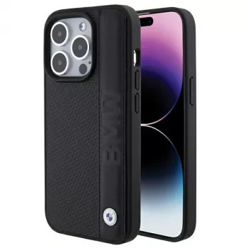BMW BMHCP15L22RDPK iPhone 15 Pro 6,1 inch Odinis dėklas su tekstūra ir juostelėmis, juodas