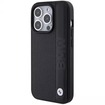 BMW BMHCP15L22RDPK iPhone 15 Pro 6,1 inch Odinis dėklas su tekstūra ir juostelėmis, juodas