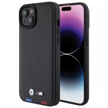 BMW M Collection Leather Stamp Back Cover for iPhone 15 Plus / 14 Plus 6,7 inch - Black Tricolor