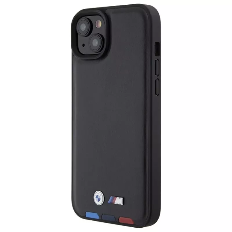 BMW M Collection Leather Stamp Back Cover for iPhone 15 Plus / 14 Plus 6,7 inch - Black Tricolor