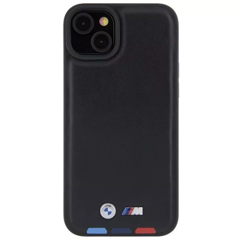 BMW M Collection Leather Stamp Back Cover for iPhone 15 Plus / 14 Plus 6,7 inch - Black Tricolor