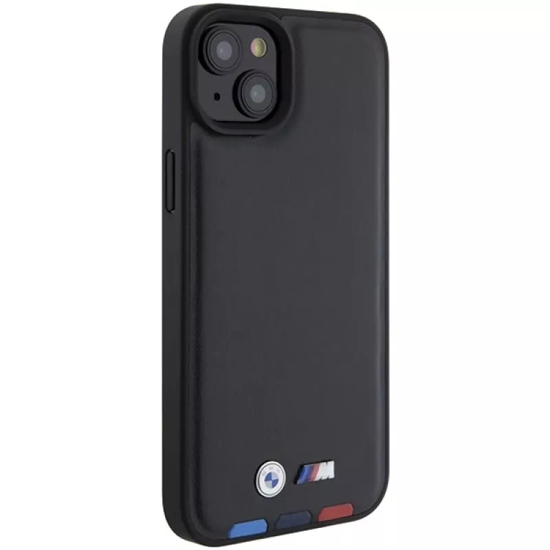 BMW M Collection Leather Stamp Back Cover for iPhone 15 Plus / 14 Plus 6,7 inch - Black Tricolor