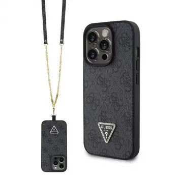 GUESS PU 4G Strass Triangle Metal Case + Strap, skirta iPhone 15 Pro, juoda