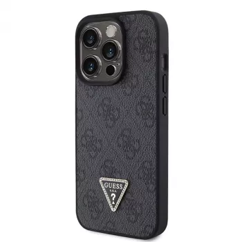 GUESS PU 4G Strass Triangle Metal Case + Strap, skirta iPhone 15 Pro, juoda