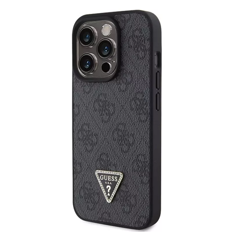GUESS PU 4G Strass Triangle Metal Case + Strap, skirta iPhone 15 Pro, juoda
