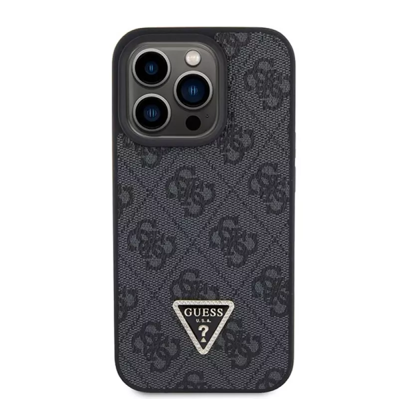 GUESS PU 4G Strass Triangle Metal Case + Strap, skirta iPhone 15 Pro, juoda