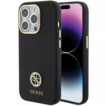 Guess GUHCP15LM4DGPK iPhone 15 Pro 6.1 Juodas kietas silikoninis dėklas su logotipu Strass 4G