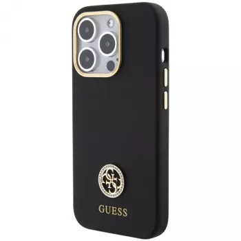 Guess GUHCP15LM4DGPK iPhone 15 Pro 6.1 Juodas kietas silikoninis dėklas su logotipu Strass 4G