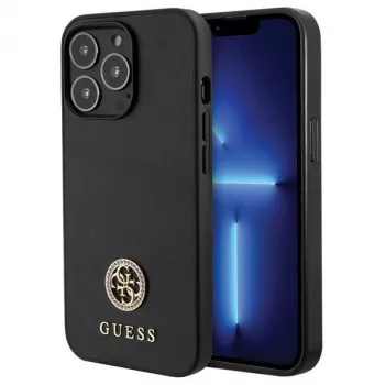 Guess GUHCP13LPS4DGPK Kietasis dėklas, skirtas Apple iPhone 13 Pro 6,1 colio, juodas, su cirkoniais ir metaliniu logotipu