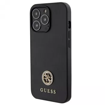 Guess GUHCP13LPS4DGPK Kietasis dėklas, skirtas Apple iPhone 13 Pro 6,1 colio, juodas, su cirkoniais ir metaliniu logotipu