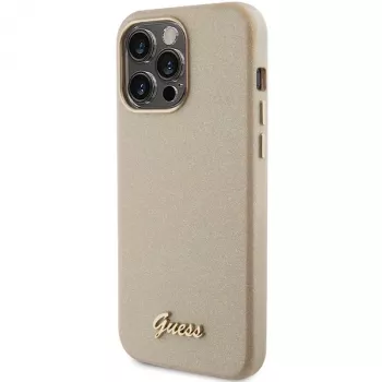 Guess Glitter Glossy Script Hard Case iPhone 15 Pro 6,1 inch Šviesiai Auksinis