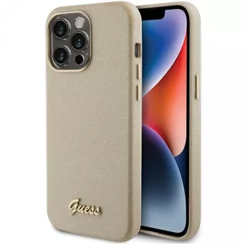Guess GUHCP15XPGMCSD Glitter Glossy Script Hard Case, skirta Apple iPhone 15 Pro Max 6,7 inch šviesiai auksinė