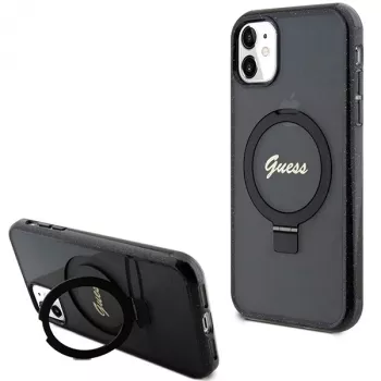 Guess GUHMN61HRSGSK iPhone 11 / XR 6.1 Black Hardcase Ring Stand Script Glitter MagSafe