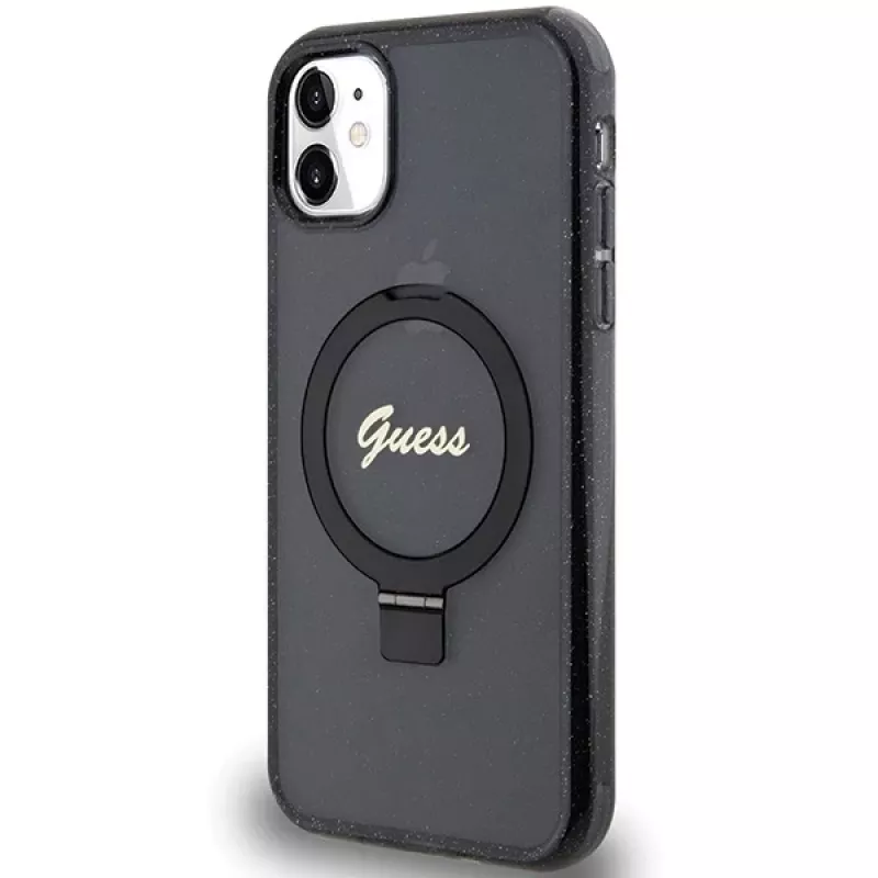 Guess GUHMN61HRSGSK iPhone 11 / XR 6.1 Black Hardcase Ring Stand Script Glitter MagSafe