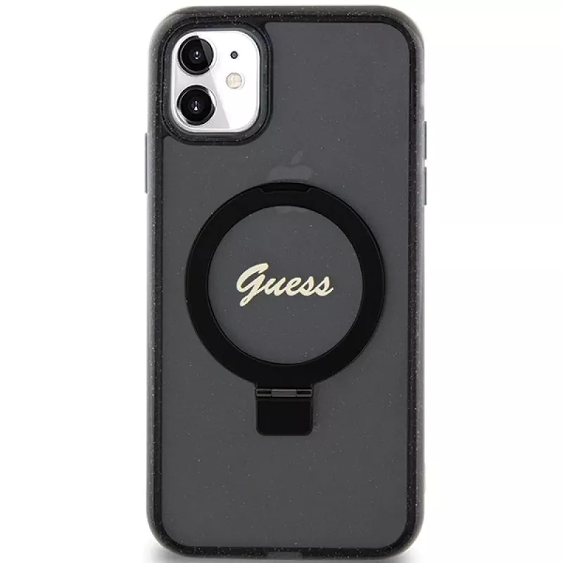 Guess GUHMN61HRSGSK iPhone 11 / XR 6.1 Black Hardcase Ring Stand Script Glitter MagSafe