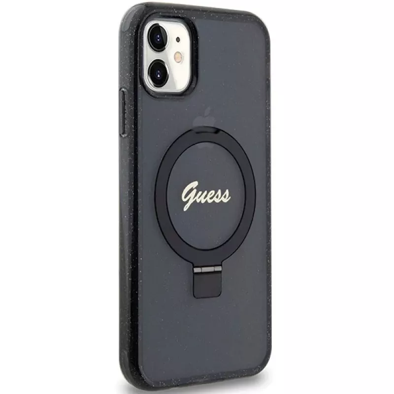 Guess GUHMN61HRSGSK iPhone 11 / XR 6.1 Black Hardcase Ring Stand Script Glitter MagSafe