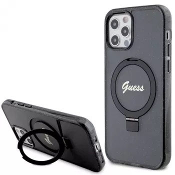 Guess GUHMP12MHRSGSK iPhone 12/12 Pro 6.1 Hard Case Ring Stand Script Glitter MagSafe Black