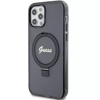 Guess GUHMP12MHRSGSK iPhone 12/12 Pro 6.1 Hard Case Ring Stand Script Glitter MagSafe Black