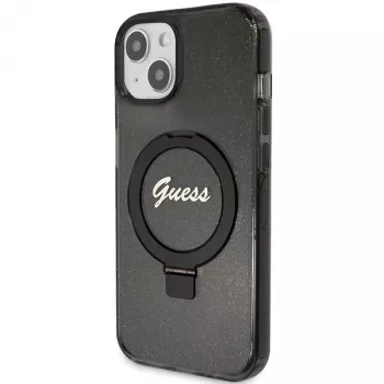 Guess GUHMP13MHRSGSK iPhone 13/14/15 6,1 inch Black Hard Case with Ring Stand, Script Glitter, MagSafe