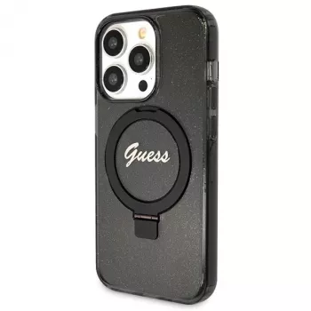 Guess GUHMP13XHRSGSK iPhone 13 Pro Max 6,7 inch Black Hardcase Ring Stand Script Glitter MagSafe