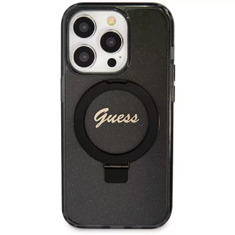 Guess GUHMP13XHRSGSK iPhone 13 Pro Max 6,7 inch Black Hardcase Ring Stand Script Glitter MagSafe