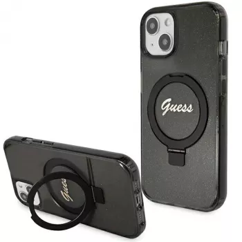 Guess GUHMP14SHRSGSK iPhone 14 / 15 / 13 6,1 inch Black Hardcase Ring Stand Script Glitter MagSafe