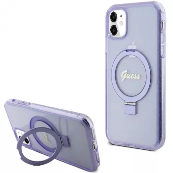 Guess GUHMN61HRSGSU iPhone 11 / XR 6,1 inch Purple Hardcase Ring Stand Script Glitter MagSafe