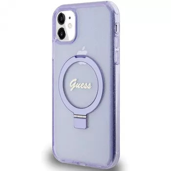 Guess GUHMN61HRSGSU iPhone 11 / XR 6,1 inch Purple Hardcase Ring Stand Script Glitter MagSafe