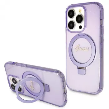 Guess GUHMP14XHRSGSU iPhone 14 Pro Max 6,7 inch Violetinis kietas dėklas su žiediniu stoveliu Script Glitter MagSafe